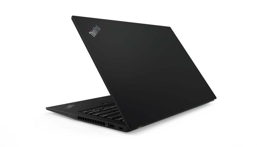 Notebook Lenovo ThinkPad T490s visto da dietro, design nero elegante e sottile. Perfetto per professionisti e studenti. Notebook Lenovo ThinkPad T490s visto da dietro, design nero elegante e sottile. Perfetto per professionisti e studenti.